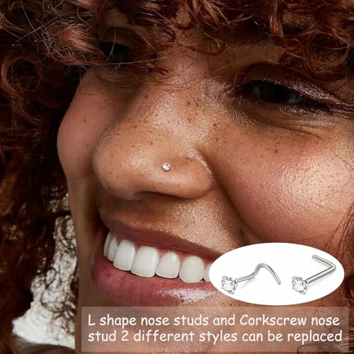 8PCS Titanium Nose Rings Stud, Gold Nose Ring for Women Men Hypoallergenic Nostril Hoops L Shape Nose Studs Corkscrew CZ Nose Piercing Jewelry Silver 18G & 20G Nose Ring Studs 2/2.5/3mm - style: 8PCS -Silver