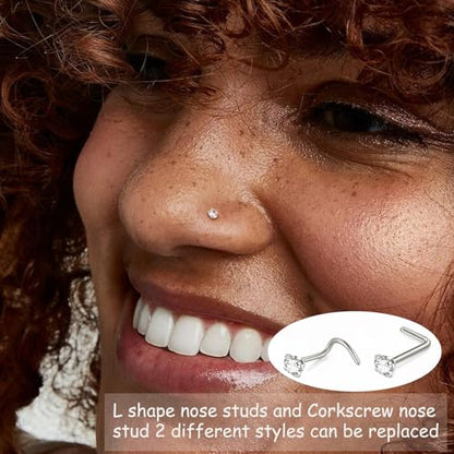 8PCS Titanium Nose Rings Stud, Gold Nose Ring for Women Men Hypoallergenic Nostril Hoops L Shape Nose Studs Corkscrew CZ Nose Piercing Jewelry Silver 18G & 20G Nose Ring Studs 2/2.5/3mm - style: 8PCS -Silver
