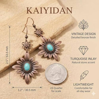 Boho Turquoise Dangle Earrings For Women Trendy,Western Blue Gemstone Drop Earings,Vintage Gothic Ethnic Statement Beach Vacation Long Birthstone Earrings with Leaf Teardrop Turquoise Crystal Tassels,Fashion Jewelry Birthday Gift. - style: A7 Mums Bronze