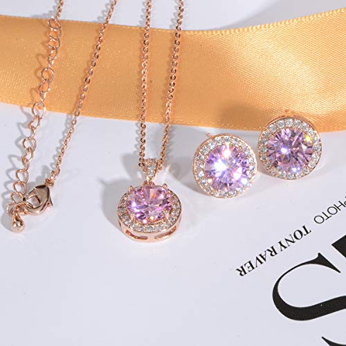 Bridal Crystal Jewelry Set - Sterling Silver Round Cubic Zirconia CZ Rhinestone Halo Birthstone Pendant Necklace Stud Earrings Set for Wedding Bride Bridesmaids Birthday Gift - color: Pink