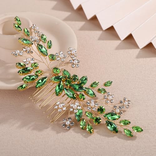 Teyglen Green Crystal Rhinestone Wedding Hair Comb with Pearl Flower Bridal Hair Comb Sparkly Crystal Headpiece for Bride Wedding Hair Comb for Women Flower Hair Piece(Green) - color: Green