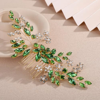 Teyglen Green Crystal Rhinestone Wedding Hair Comb with Pearl Flower Bridal Hair Comb Sparkly Crystal Headpiece for Bride Wedding Hair Comb for Women Flower Hair Piece(Green) - color: Green