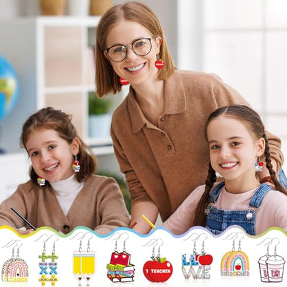 8 Pairs Teacher Acrylic Earrings Dangle for Women | Rainbow Pencil Book Earrings, Graduation Back to School Teacher Appreciation Gifts, Acrylic Material, Double Side Jewelry - style: Teacher’s Day