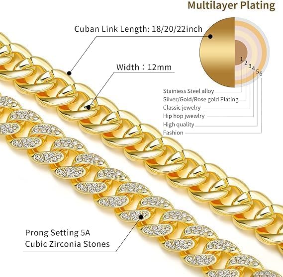 Mens and Womens Miami Cuban Link Chain Necklace 12mm Diamond Prong Cuban Chain 18/20/24inch Length Hip Hop Jewely - color: Gold, size: 18 inch