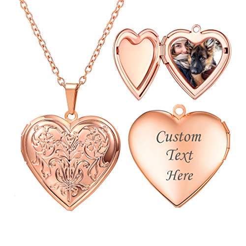 U7 Women Locket Necklace, Heart Photo Lockets Hold Picture, Gift Box Packed | Gold/Silver/Rose Locket Charm, Custom Picture and Engravement Heart Pendant, 20" Chain, Personalized Gift for Mom Wife Friend - color: 02# Rose Gold*Flower Grain