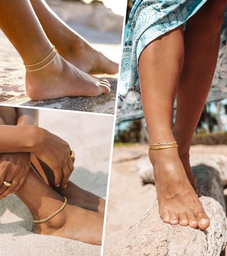 Gold Ankle Bracelets for Women 14K Gold Plated Waterproof Figaro Cuban Link Chain Anklets Set Adjustable Stackable Layered Dainty Ankle for Women Jewelry Graduation Gift for Her Mothers Day Gifts for Mom 4pcs 8.5"+1"