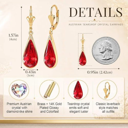 Teardrop Austrian Crystal Leverback Dangle Drop Earrings for Women | 14K Gold Plated,Classic Teardrop Elegance,Leverback for Easy Secure Wear,Gift Box Included, Brighten Up Daily and Party Looks - color: Red