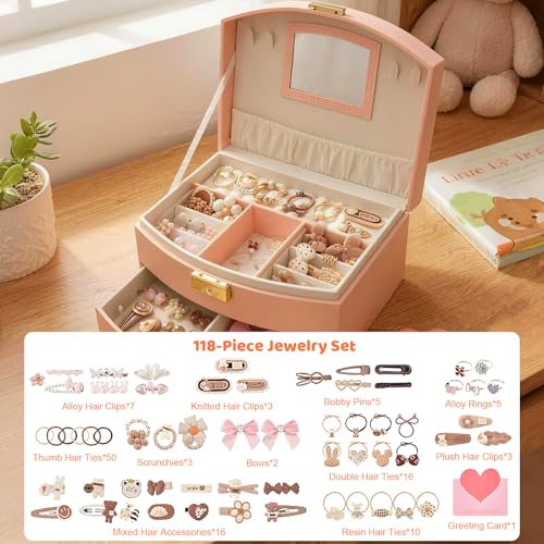 Kids Jewelry Box with Hair Accessories for Girls, Storage Organizer Case with Display Lid & Drawer, Hair Clips Barrettes Bows Hair Ties, Rings & Necklace Set for Girls Age 3-12