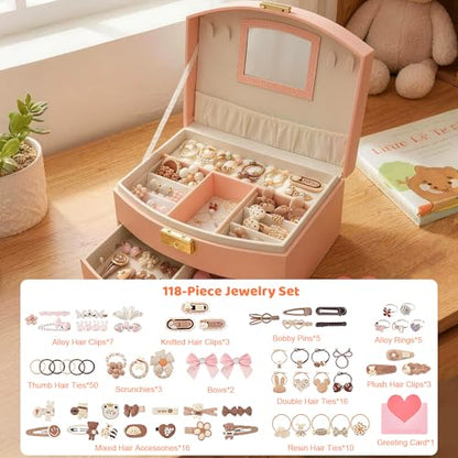 Kids Jewelry Box with Hair Accessories for Girls, Storage Organizer Case with Display Lid & Drawer, Hair Clips Barrettes Bows Hair Ties, Rings & Necklace Set for Girls Age 3-12