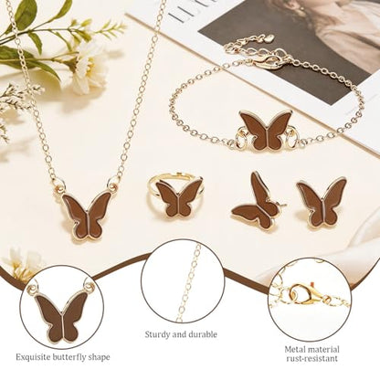 Butterfly Jewelry Set, Including Butterfly Necklace, Bracelet, Stud Earrings, and Adjustable Ring for Women - color: Brown