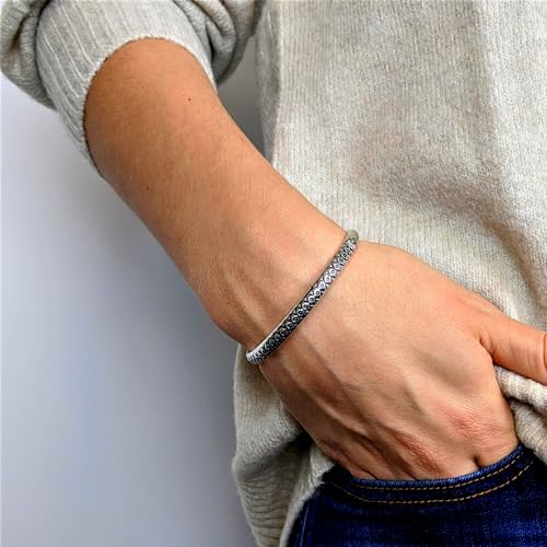 81stgeneration Karen Hill Tribe Silver Engraved Pattern Torque Bangle - Adjustable Boho Bracelet for Women and Men - Bohemian Style Jewelry - Heavy Cuff Design