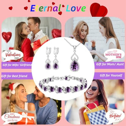 LMXXVJ Women Jewelry Set Platinum Plated Necklace Open Ring Earrings Bracelet Set,Birthday/Anniversary Mother’s Day Jewelry Gifts for Mom/Wife/Sister/Best Friend - color: White Gold-Purple-No Ring