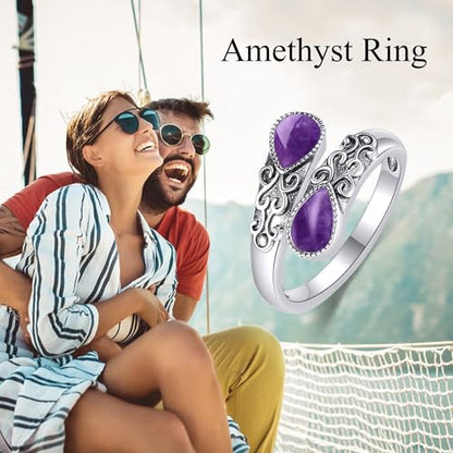 Ring for Women Sterling Silver Adjustable Band Open Rings Jewelry Gifts for Girls - style: Amethyst