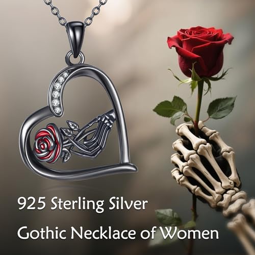 Halloween Necklace 925 Sterling Silver Black Rose Rib Cage Heart Pendant Necklace Halloween Jewelry Gifts for Women Gothic Party - style: Skeleton