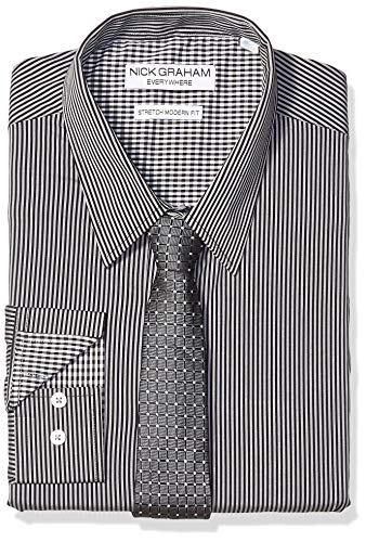 Nick Graham Mens Stretch Modern Fit Stripe Dress Shirt and Dot Grid Tie Set - color: Black, size: 16"-16.5" Neck 32"-33" Sleeve