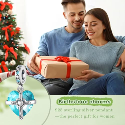Birthstone Charm, 925 Sterling Silve Heart Dangle Charms for Pandora Bracelets, Ladies Birthday Gift - style: L-December