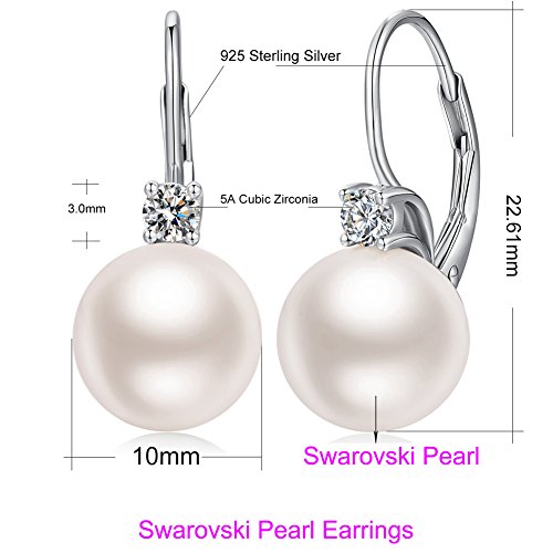 Jiamiaoi Pearl Dangle Earrings 925 Sterling Silver Pearl Earrings for Women 10mm White/Black Pearls - color: 01-White