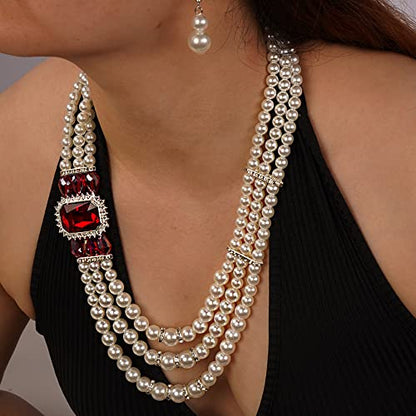 Aimimier 1920s 3-layered White Faux Pearl Necklace and Earrings Set with Crystal and Rhinestone Bridal Long Pearl Necklace Statement Women Jewelry - color: Ruby