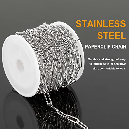 KYUNHOO 16.4 FT Silver Necklace Chains Bulk Embossed Paperclip Chain Roll | 304 Stainless Steel Chains for Jewelry Making Textured Paper Clip Chain with Clasps Jewelry Supplies DIY Crafts - color: Embossed Paperclip Silver