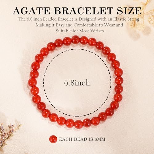 Agate Round Beaded Bracelet for Women Men Natural Agates Stone Healing Bracelets Stretch Elastic Handmade Polished Gemstone Beads Bracelet - color: Red, size: 6mm Beads