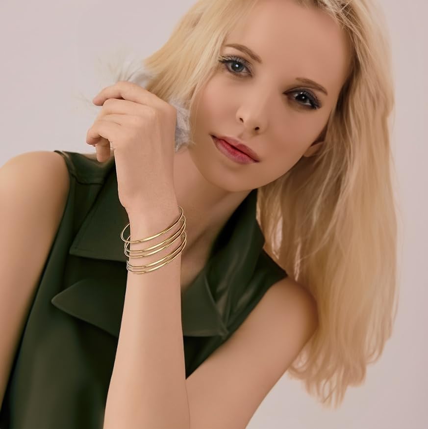 Fashion Shiny Thin Round Stainless Steel Bangle Bracelets for Women (1/3/5/8 Set) - style: Gold-5 Set