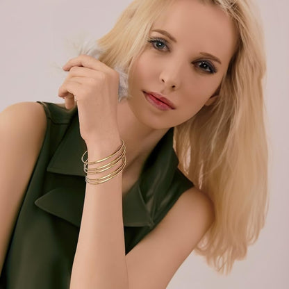Fashion Shiny Thin Round Stainless Steel Bangle Bracelets for Women (1/3/5/8 Set) - style: Gold-5 Set