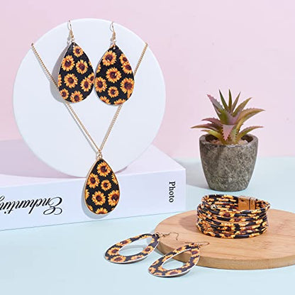 Ornaland 4 Pcs Leather Earrings Necklace Bracelet Set Print Earrings Faux Leather Necklace Multi-Layer Bracelet Jewelry Set Gifts for Women - color: A1