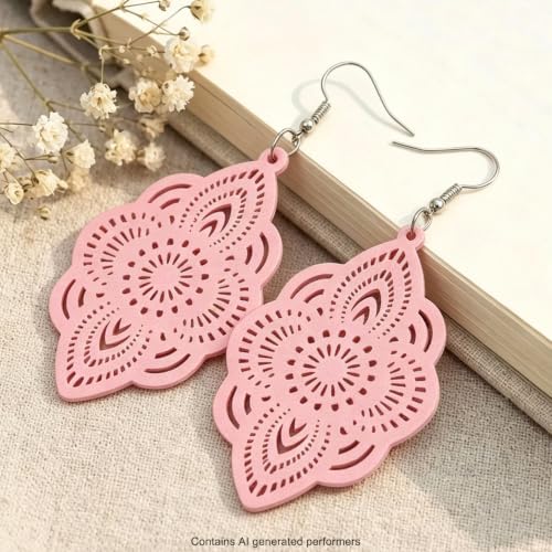 Boho Black Filigree Dangle Earrings for Women, Lightweight Hollow Lace Drop, Wood, 3.34" x 1.69", Bohemian Jewelry - color: Pink