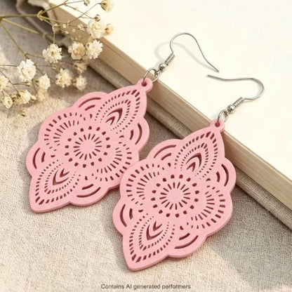 Boho Black Filigree Dangle Earrings for Women, Lightweight Hollow Lace Drop, Wood, 3.34" x 1.69", Bohemian Jewelry - color: Pink