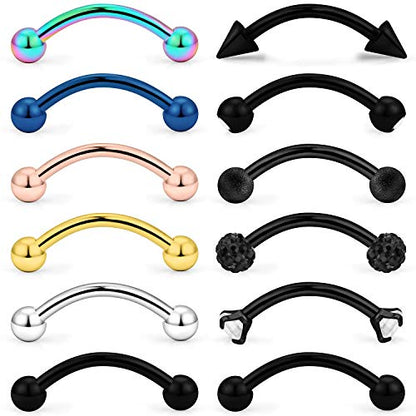 SCERRING 12PCS 16G 10mm Stainless Steel Eyebrow Tragus Helix Rook Daith Earrings Belly Lip Ring Clear Cubic Zirconia Barbell Body Piercing Jewelry - color: 12PCS - Black
