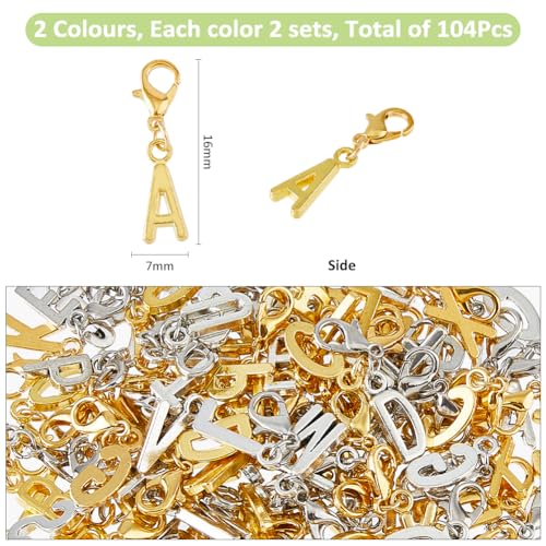 SUPERFINDINGS 104Pcs 2 Colors A-Z Alphabet Letter Charms Initial Letter Charm with Lobster Clasp Alloy Uppercase Letters Pendants for DIY Keychain Chain Bracelets Jewelry Making Craft - size: 30mm
