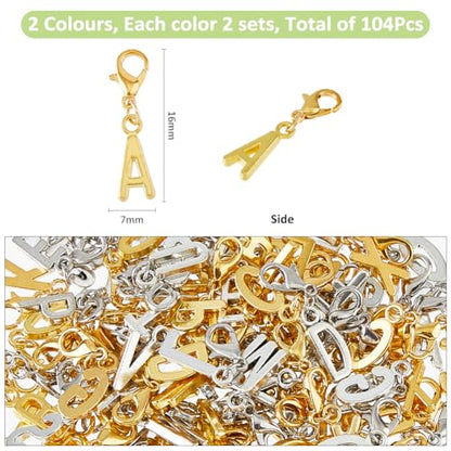 SUPERFINDINGS 104Pcs 2 Colors A-Z Alphabet Letter Charms Initial Letter Charm with Lobster Clasp Alloy Uppercase Letters Pendants for DIY Keychain Chain Bracelets Jewelry Making Craft - size: 30mm