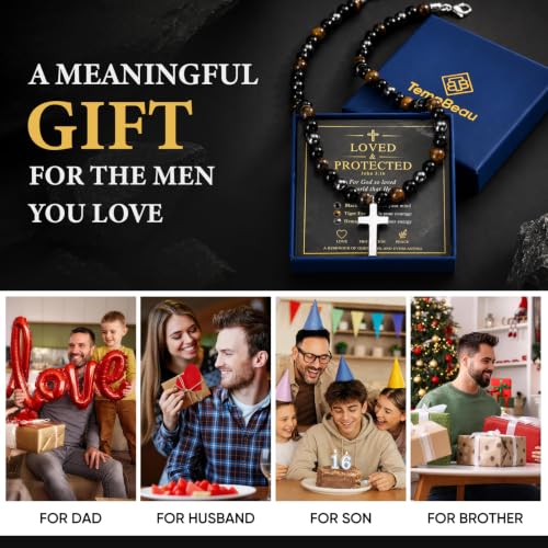 Beaded Cross Necklace Gifts for Men - Triple Protection Black Onyx Obsidian Tiger Eye Natural Stone Necklace Stainless Steel Cross Pendant Stress Relief Balance Faith Jewelry Gifts for Husband Dad Son - color: John 3:16