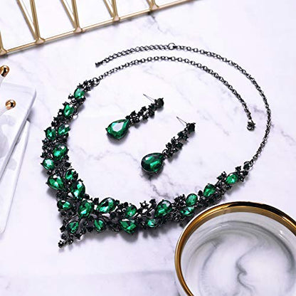 Women's Wedding Statement Necklace Dangle Earring Jewelry | Austrian Crystal Teardrop Cluster,Necklaces Earrings Set for Bride Bridesmaid,Prom Accessories - color: 18-Emerald Color Black-Tone