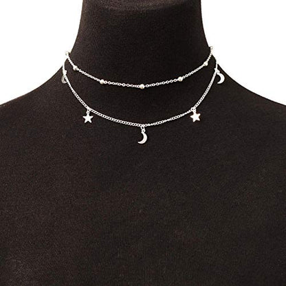 BaubleStar Star Moon Charm Necklace Layering Chain Choker for Women - color: Silver