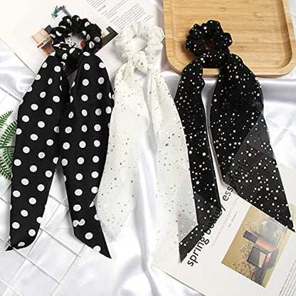 Hair Scarf Scrunchies for Women Plain Hair Bobbles Solid Color Fabric Scrunchy Elastic Hair Ties (Black White) - color: Black White