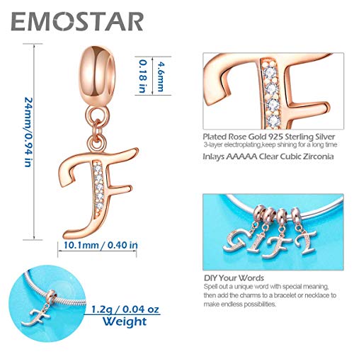 EMOSTAR Letter Charms Initial A-Z Alphabet Beads, Rose Gold 925 Sterling Silver Dangle CZ Birthstone Pendant, Gifts for European Charm Bracelet/Mothers Day/Birthday - color: Letter F