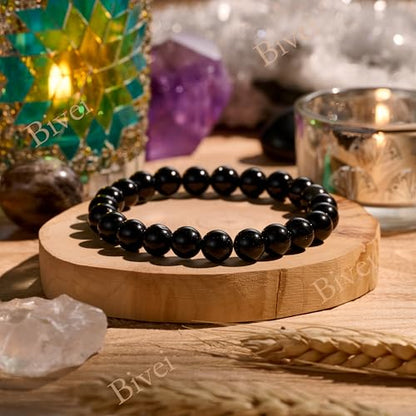 Bivei 8mm Beaded Bracelets for Women Handmade Semi Precious Natural Stone Stretch Elastic Jewelry Yoga Protection Gifts - color: Black Obsidian - Strength, size: Large 8-8.27 inch