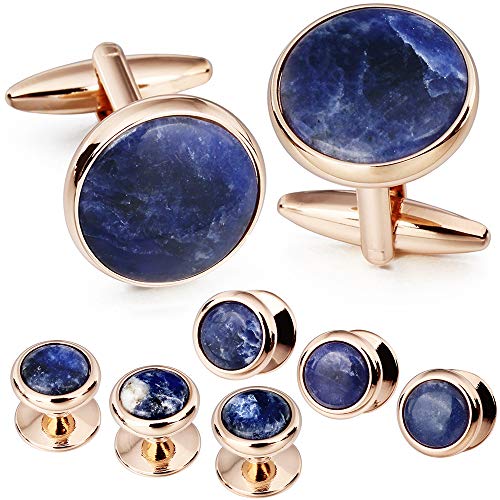 HAWSON Cufflinks and Tuxedo Studs Set for Men with Gift Box, Mother-of-Pearl Cuff links for French Cuff Shirt and Dress Shirt, Suitable for Wedding, Birthday, Party - style: Rose Gold & Sodalite Stone