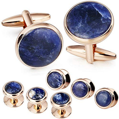 HAWSON Cufflinks and Tuxedo Studs Set for Men with Gift Box, Mother-of-Pearl Cuff links for French Cuff Shirt and Dress Shirt, Suitable for Wedding, Birthday, Party - style: Rose Gold & Sodalite Stone