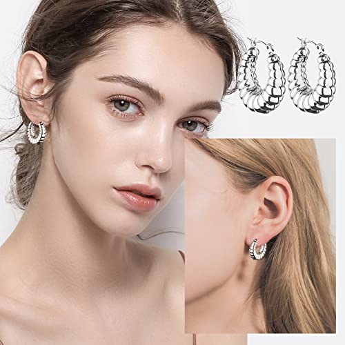 Wgoud 6 Pairs Chunky Gold Hoop Earrings for Women, 14K Gold Plated Hoop Earrings Hypoallergenic, Thick Lightweight Twisted Huggie Hoops Earring Set for Women’s Jewelry GIfts - color: 6 Silver Chunky Hoops