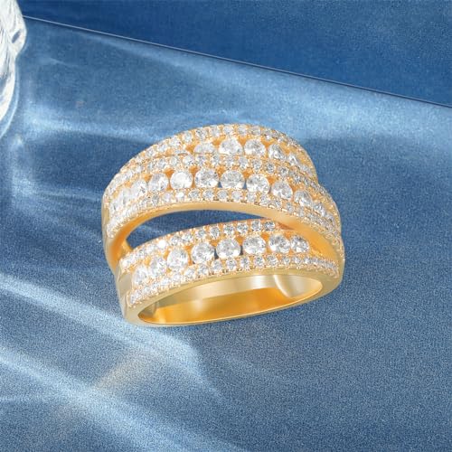 MDFUN Halo Eternity Rings Wedding Bands, 3 Rows Round Cut Cubic Zirconia Statement Rings, 18K White Gold/Yellow Gold Plated Wedding Band for Women Size 5-10 - color: Yellow Gold