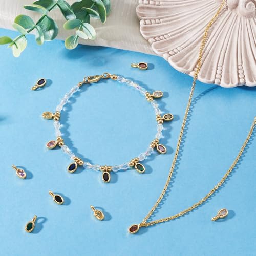 9Pcs Oval Brass Cubic Zirconia Charms Crystal Birthstone Dangle Charms Golden Brass Necklace Pendants for DIY Earring Bracelet Craft Jewelry Making Ornament 12x5x4mm - color: Oval
