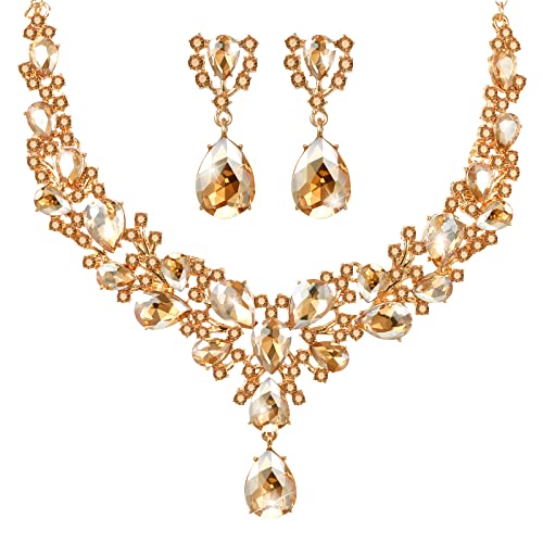 Hicarer Bridal Teardrop Cluster Crystal Jewelry Set for Women Necklace Earrings Wedding - color: Gold
