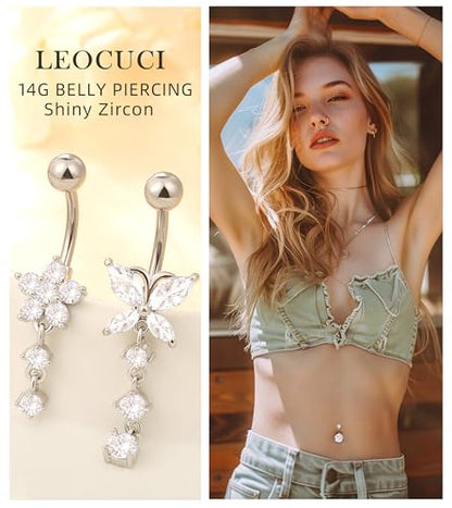 Leocuci Surgical Stainless Steel Dangle Belly Button Rings for Women Belly Ring Dangling Piercing Jewelry with Heart Flower Butterfly14G - color: silver