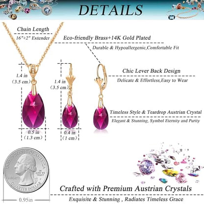 Austrian Crystals Teardrop Pendant Necklace Earrings for Women 14K Gold Plated Hypoallergenic Leverback Drop Dangle Earrings Jewelry Set - color: Fuchsia