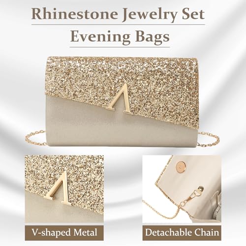 YYW 4 Pieces Women Evening Handbags Clutch Purse Bag with Rhinestone Crystal Jewelry Set for Wedding Party - color: gold 1