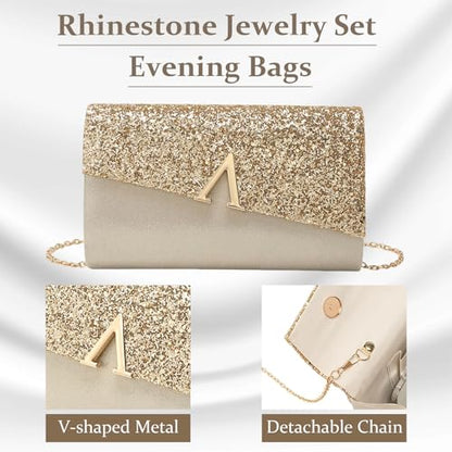 YYW 4 Pieces Women Evening Handbags Clutch Purse Bag with Rhinestone Crystal Jewelry Set for Wedding Party - color: gold 1