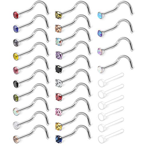 10-30PCS 18G Surgical Steel Mix Color Diamond CZ Nose Stud Rings Screw Piercing Jewelry 1.5mm 2mm 2.5mm 3mm - style: 30PCS - 3mm