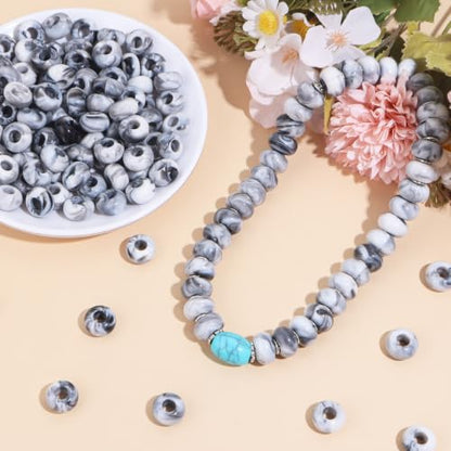150PCS 14x8mm Black White Swirl Acrylic European Large Hole Rondelle Spacer Beads with Storage Box, Loose Beads for Bracelet Necklace Earring Hair DIY Jewelry Making - color: Black White Swirl